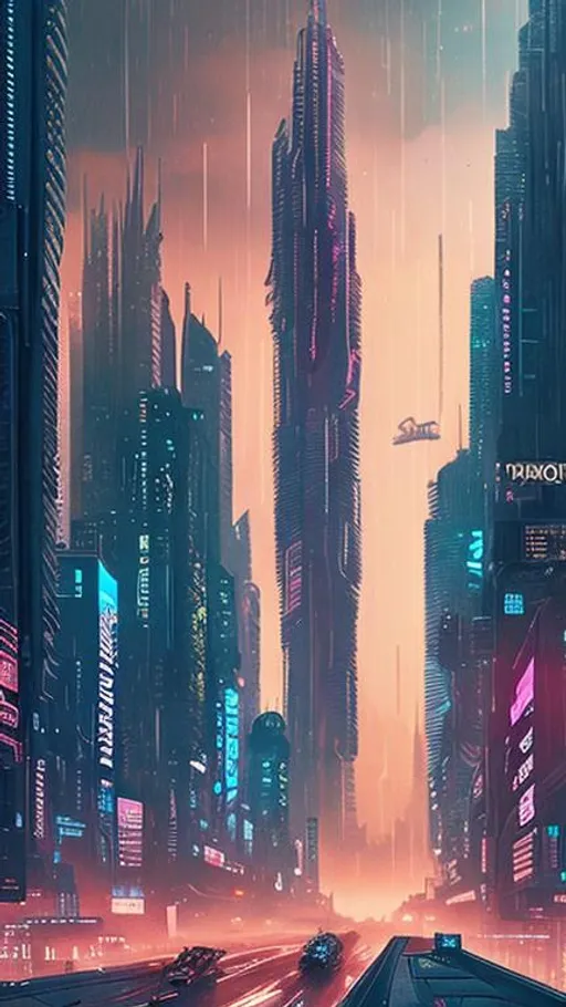 Prompt: Imagine a futuristic cityscape inspired by Blade Runner 2049, with soaring skyscrapers, flying vehicles, and holographic advertisements. Generate an artwork that captures the essence of this dystopian world.