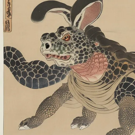 Prompt: "Hare and Tortoise as Yōkai, Japanese painting, 1800"
