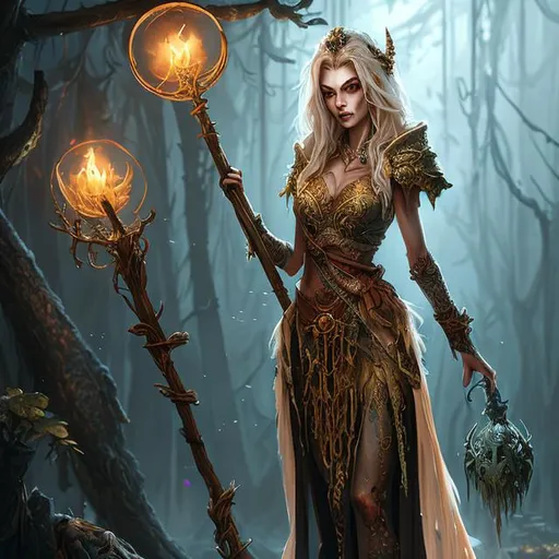 Prompt: Full body splash art of a female zombie sorceress, thin and emaciated, slightly decayed, long dirty blonde/brown hair, wearing long iridescent robes, carrying a wooden staff, D&D, fantasy, highly detailed, sharp focus, digital painting, artstation, 4k, 8k