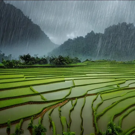 Prompt: Rainy afternoon over a tropical ricefield in oil