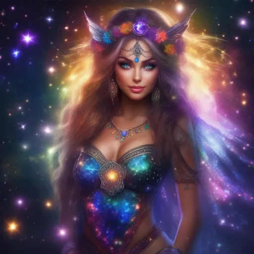Prompt: A complete body form of a stunningly beautiful, hyper realistic, buxom woman with incredible bright eyes wearing a colorful, sparkling, dangling, glowing, skimpy, boho, flowing, sheer, fairy, witches outfit on a breathtaking night with stars and colors with glowing, detailed sprites flying about