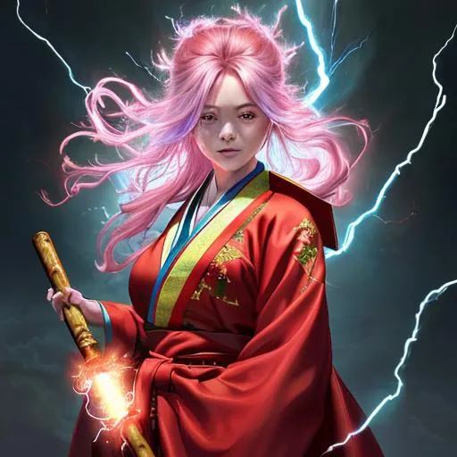 Prompt: oil painting, UHD, 8k, Very detailed, panned out, female lightning elemental with flesh that is redmade of lightning, visible face she is made of lightning, she has flowing hair lighting coming from it, she wears a turquoise Japanese hanbok, a red cloth across her chest, she hold a hammer which lightning is radiating from it, 