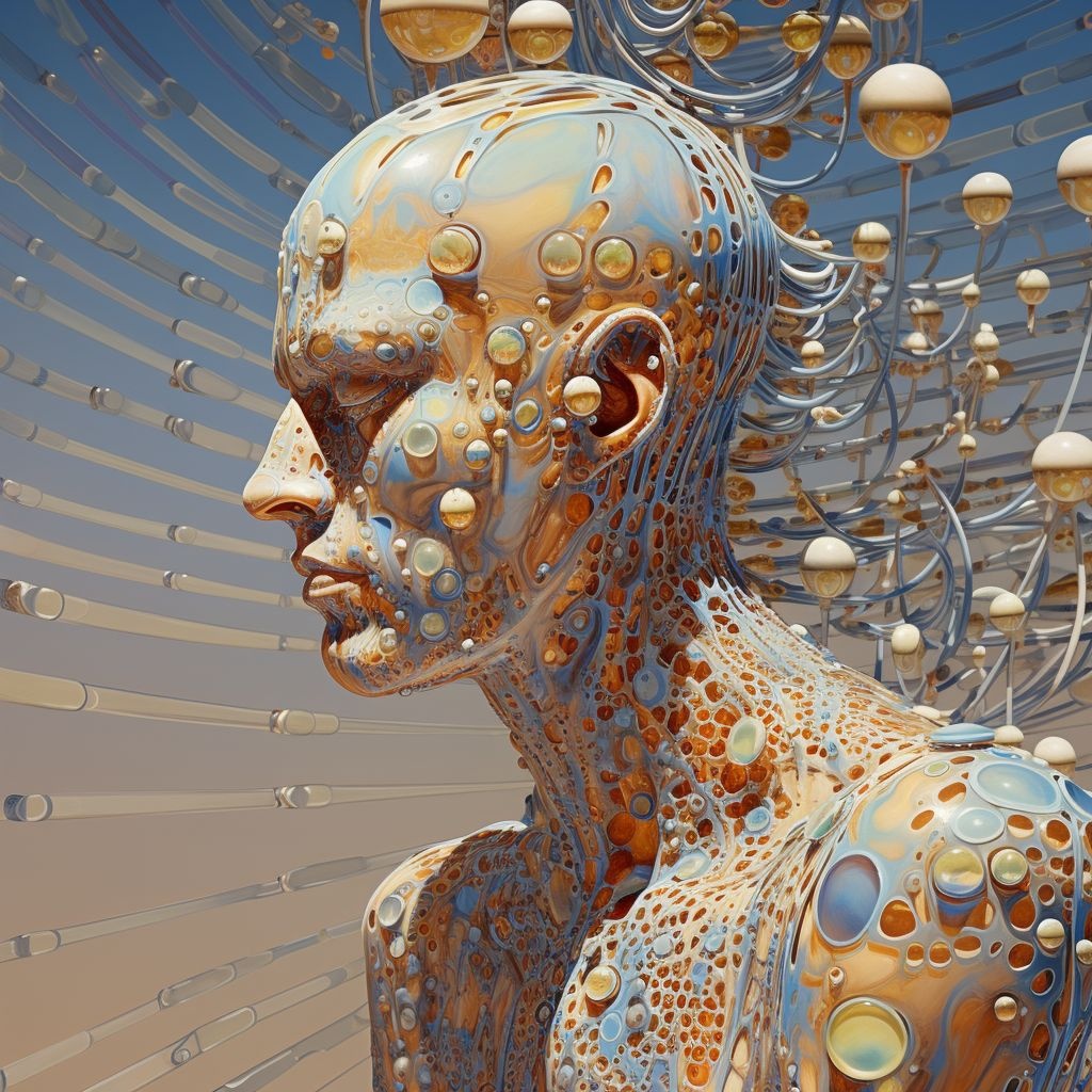 Prompt: a digital piece of art depicting a man with his head covered in bubbles, in the style of mechanized abstraction, david welker, hans bellmer, pixelated chaos, trompe-l'œil illusionistic detail, bryce 3d, figura serpentinata