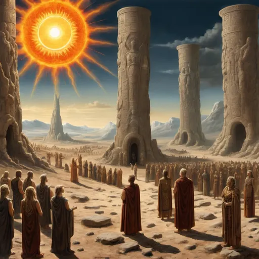Prompt: in the foreground are the ancient people Hyperboreans, who worshiped the sun god, Hyperborea
