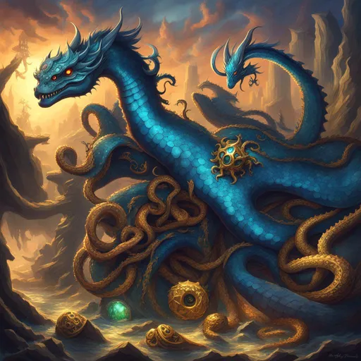 Prompt: a pirate dragon-octopus with a gradient blue skin, and serpentine body, wearing jewelry, reptilian scales,  a detailed background, a beach at night, guarding an ornate-looking treasure chest, gemstones, rubies, emeralds, diamonds, gold coins on the floor, piles of gold, dragon's hoard, traditional art, D&D, HD