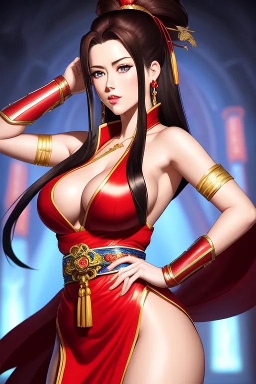 Prompt: Half body portrait of Amber Heard as Mai Shiranui from king-of-fighters , dark hair, blue eyes, full lips, red kunoichi dress, thighs, standing,ancient temple, centered, perfect anatomy, 16K, highly detailed, intricate detailed, smooth, sharp focused, elegant, illustration, character sheet, perspective, vibrant high contrast , artstation, dramatic, dynamic pose