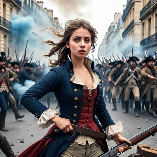 Prompt: Paris, French Revolution, barricades, beautiful young revolutionary woman, stoic expression, musket in hand, standing on barricades, inspiring others, battle scene, smoke, citizens running, chaotic crowd