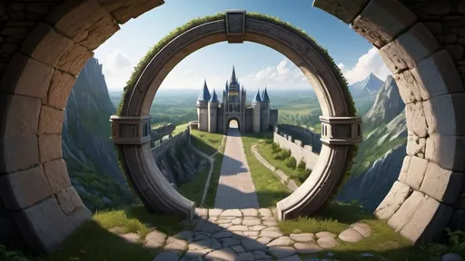 Prompt: circular portal, gateway between cities realms worlds kingdoms castles, ring standing on edge, freestanding ring, complete ring, panoramic view