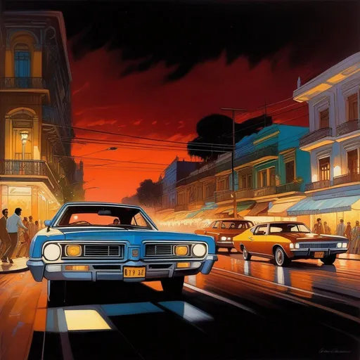 Prompt: 1970s, Buenos Aires at night, car chase, warm atmosphere, cartoony style, extremely detailed painting by Greg Rutkowski and by Henry Justice Ford and by Steve Henderson