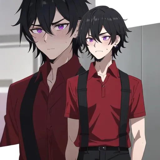 Prompt: Male young adult, 19, (Short black messy hair falling between the eyes, sharp and tired purple eyes, and a feminine body), red shirt untucked, black pants, sloppily dressed,  Black piercings, highly detailed face, 8K, Insane detail, best quality, UHD, highschooler, handsome, flirty, blushing, shy, unkempt apperance