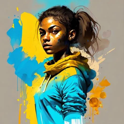 Prompt: colorful graphic of young female soldier with tanned skin, super hero, blue, yellow, full body