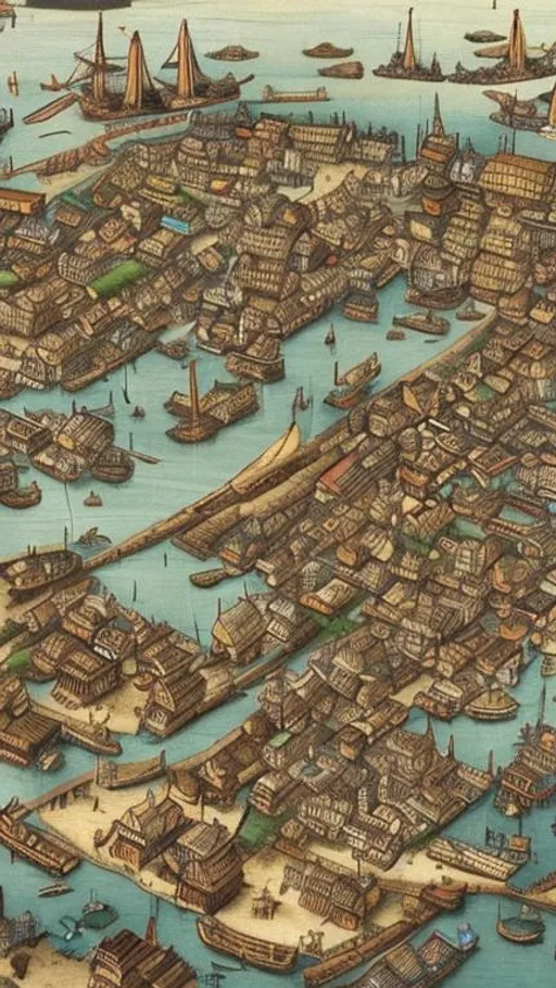 Prompt: A 16th century south-east asia port city, wood houses, sea, trade ships, war ships, people struggling in the city, realistic,