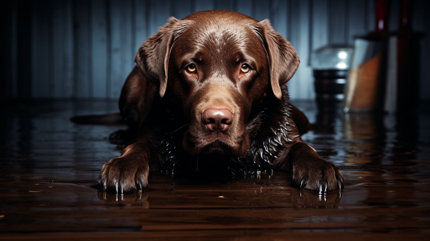 Prompt: a fat labrador morphing and melting into a giant puddle on the floor, realistic fur, high detailed fur, high textured fur and water, serious photography, a background that complements the subject --upbeta --ar 16:9