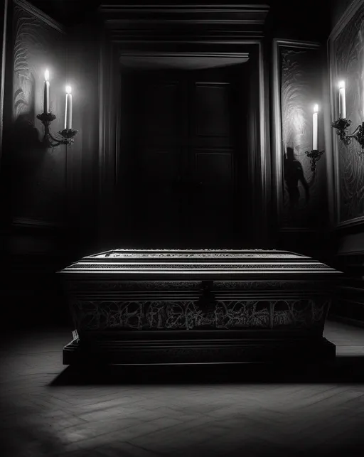 Prompt: An ornate vintage coffin with intricate carvings along the sides sits open in an empty room lit by flickering candlelight. Dark shadows dance along the walls. Shot with a Nikon Z7 using a 85mm lens for a narrowed dramatic perspective. The lighting amplifies the shapes and textures of the carved details. The mood is creepy yet elegant, evoking brooding Victorian gothic horror. In the style of Tim Burton.