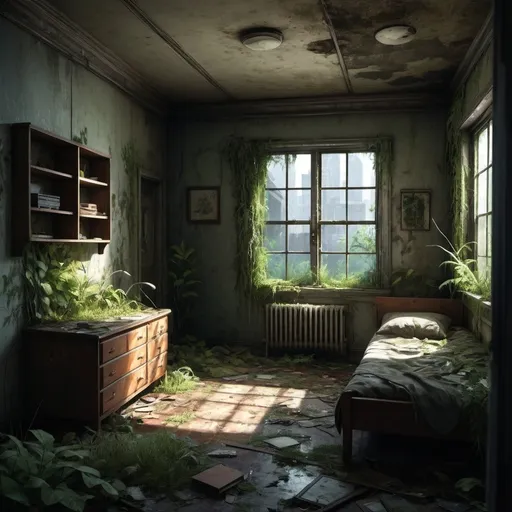Prompt: Abandoned apartment interior overgrown with vegetation, The Last of Us video game style, desolate, decaying furniture, cracked walls, eerie atmosphere, high-quality, realistic, detailed, The Last of Us, overgrown, abandoned, desolate, decaying, eerie, atmospheric lighting, realistic, detailed textures