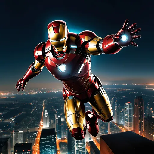Prompt: Iron Man flying over a cityscape at night.