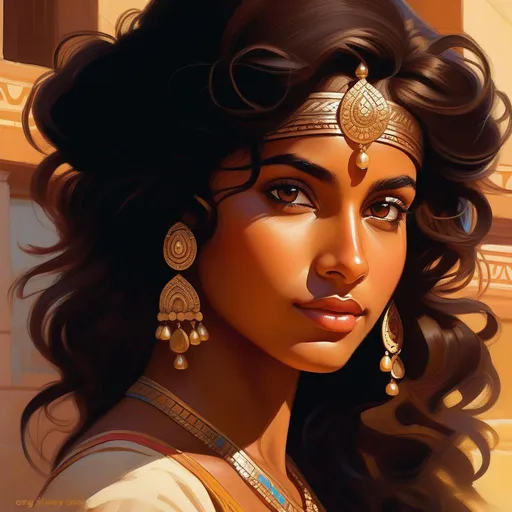 Prompt: Third person, gameplay, Indian girl, tan skin, curly brown hair, brown eyes, 1970s, Mumbai, golden atmosphere, cartoony style, extremely detailed painting by Greg Rutkowski and by Henry Justice Ford and by Steve Henderson 