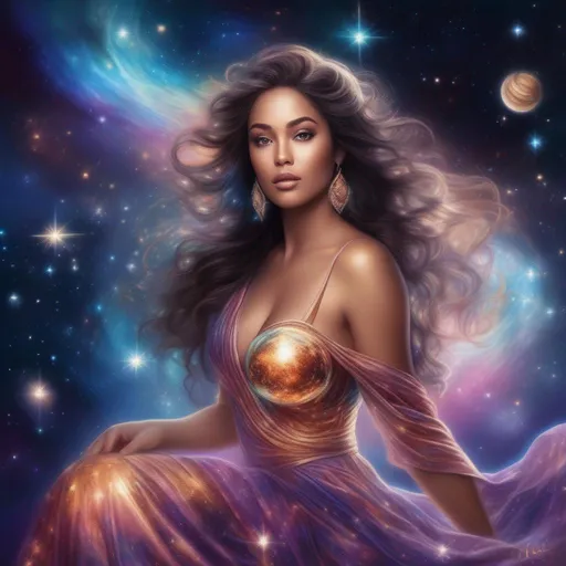 Prompt:  exquisit, hyper realistic, buxom, beautiful goddess with a stunning body, wearing a flowing, revealing, bright, Iridescent, glowing, sparkly, filmy dress, falling backwards through space, the stars, galaxies and nebulas, planets and shooting stars