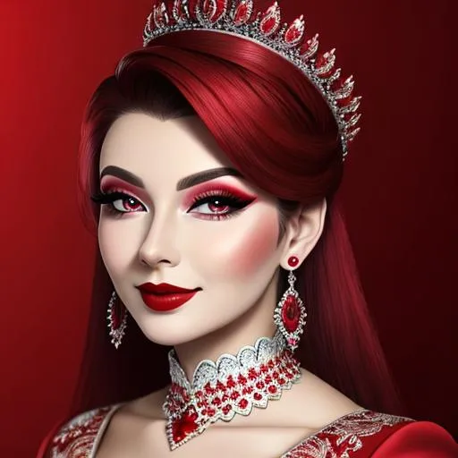 Prompt: Ruby lady, all in red, pretty makeup, elegant, nice clothes, facial closeup