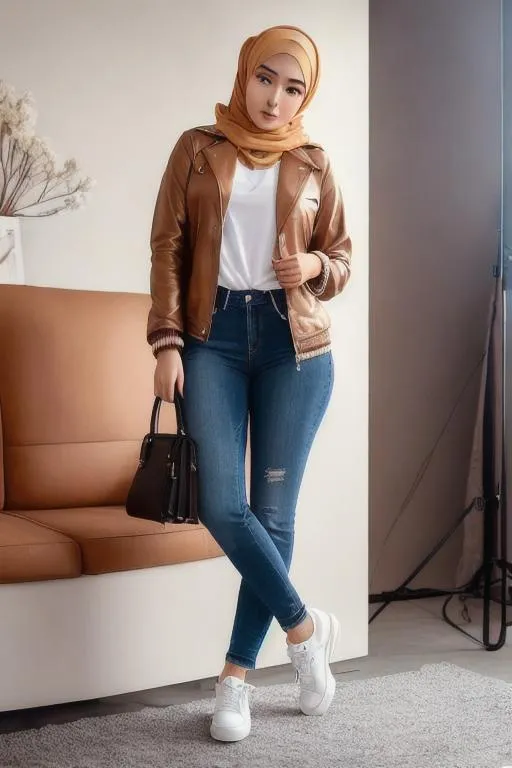 Prompt: 1girl, 8k, semi-realistic, masterpiece, cgi,( beautiful face, 20yo), use hijab, (caramel jacket, pearl jeans), on studio with earnphone, full body, look on camera, cold light, nice pose, sit reading book