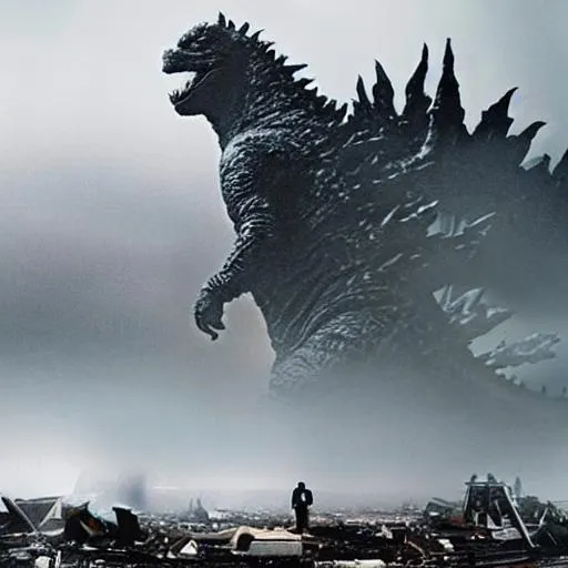 Prompt: godzilla in destroyed city fog