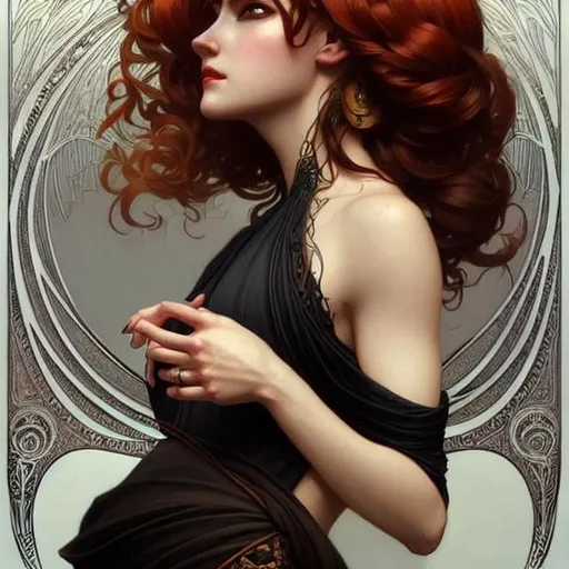 Prompt: apate, goddess of Trickery, auburn hair, black dress, gorgeous, amazing, elegant, intricate, highly detailed, digital painting, artstation, concept art, sharp focus, illustration, art by artgerm and greg rutkowski and alphonse mucha