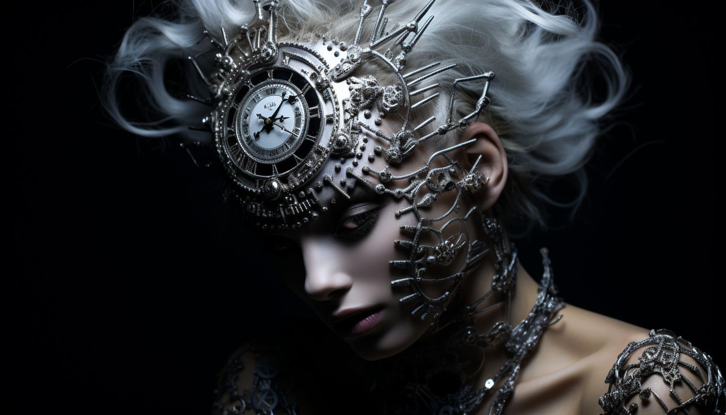Prompt: london artist hsinalu scifi clock, in the style of fashion photography, dark silver and silver, canon eos 5d mark iv, body art, aggressive digital illustration, blink-and-you-miss-it detail, back button focus --ar 128:73 --v 5.2