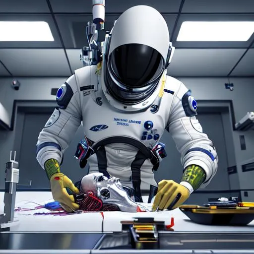 Prompt: Ultrarealistic 8k Portrait of futuristic alien dissecting a human on a surgical table, within a alien space craft Unreal Engine