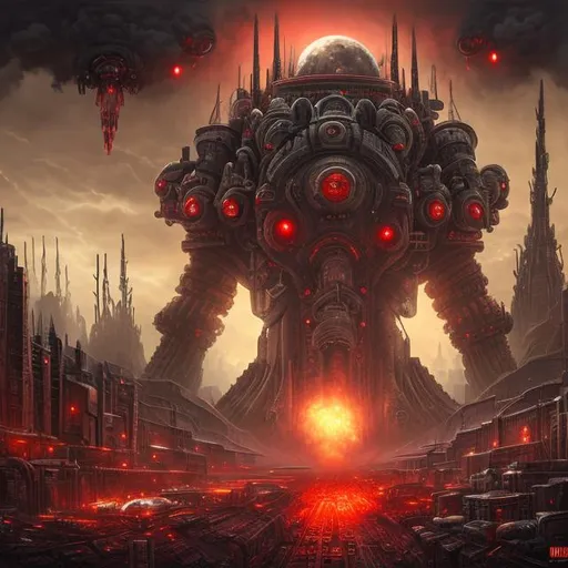 Prompt: Evil dictatorship, red lights, Biological mechanical war machine, fantasy art style, dystopian, apocalyptic, explosion, nuclear weapons, painting, city, metropolis, guns, bullets, teeth, eyes