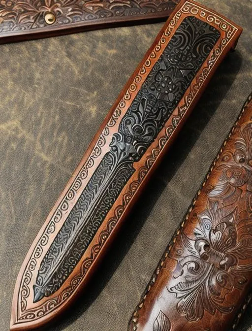 Prompt: An intricate carved leather hunting knife sheath with details taken from various fantasy and historical sources