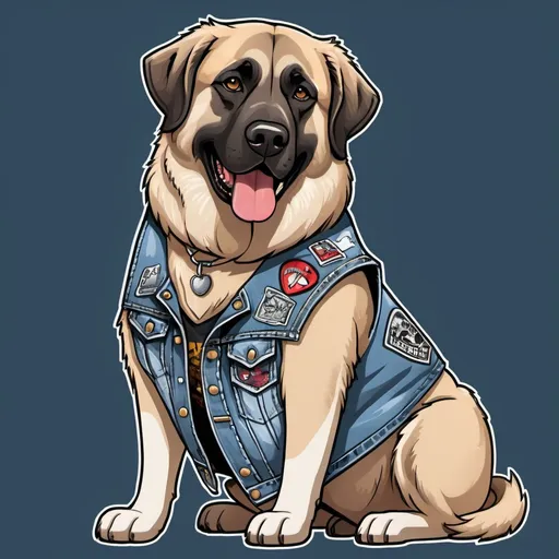 Prompt: Anatolian Shepherd wearing a heavy metal music denim vest with patches in a cartoon style 