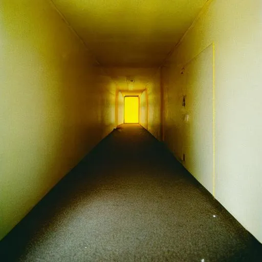 Prompt: scary hallway with yellow wall paper and fluorescent lights on the roof, a monster is at the end of the hallway. 