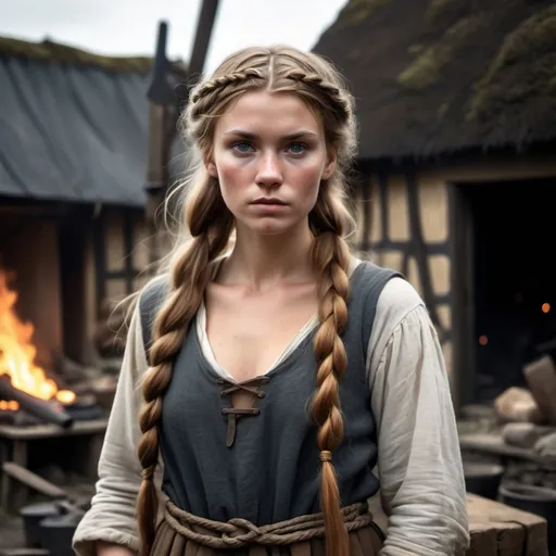 Prompt: Aftermath of a battle, a burning village.
A young and beautiful Anglo-Saxon peasant woman from the Viking era, beautiful feminine features, cleavage, standing outside a ruined rustic blacksmith's forge. Her long, golden-brown hair is loosely braided, with a few strands escaping to frame her delicate yet weathered face, stained with hints of soot. Her deep blue eyes reflect resilience and warmth. She wears a simple but well-crafted woolen dress in earthy tones, cinched at the waist with a woven belt, and a linen apron dusted with soot. A silver Thor’s hammer pendant rests on her chest, a symbol of her Norse influences.
Background: a burning village and forge, wooden beams, and iron tools, with a soft sunset casting golden hues over the scene. The wind lightly lifts the hem of her dress, hinting at movement. The atmosphere is rich with texture, from the rough-hewn wood to the smudges of ash on her hands, embodying the rugged horror of medieval battle aftermath