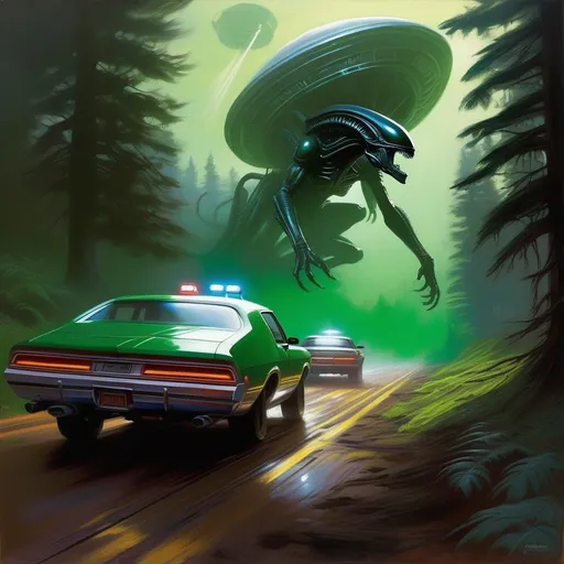Prompt: Alien Isolation, car chase, xenomorphs, green atmosphere, extremely detailed painting by Greg Rutkowski and by Henry Justice Ford and by Steve Henderson