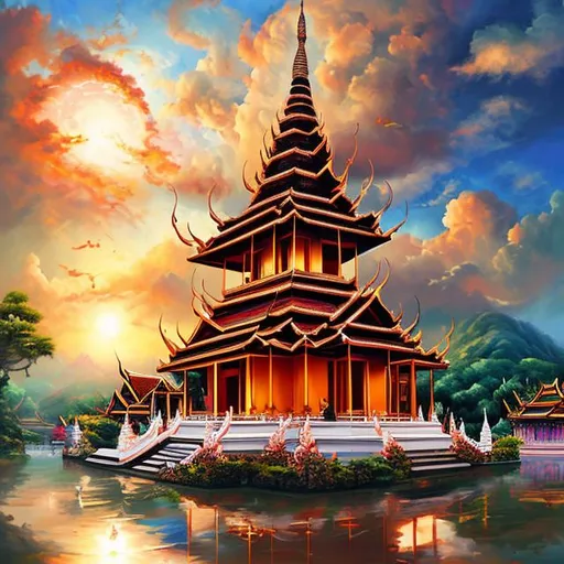 A traditional Thai pagoda floating in the middle of... | OpenArt