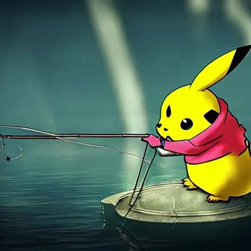 A pikachu fishing. Cyberpunk background.