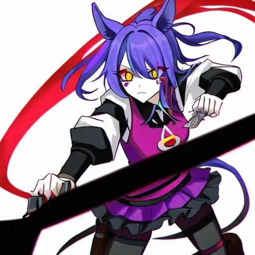 Prompt: Haley  as a demon (multi-color hair) (multi-color eyes)(she has horse ears)  holding a knife, fighting