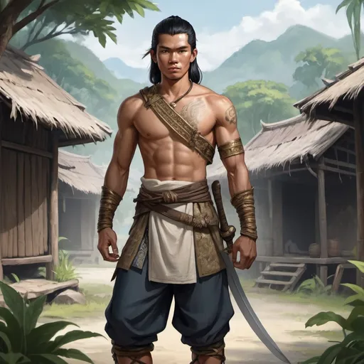 Prompt: Full body, Fantasy illustration of a male malayan warrior, 20 years old, kind expression, traditional garment, black hair, high quality, rpg-fantasy, detailed, malayan village background