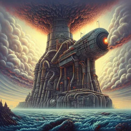 Prompt:  fantasy art style, painting, pipes, tubes, nuclear reactor, power plants, nuclear fusion, nuclear power, nuclear weapons, nuclear bombs, nuclear explosions, mushrooms, mushroom cloud, bombs, torpedoes, misiles, concrete, smog, fog, evil, misiles launching, warship, naval ship, boat, deep ocean, waves