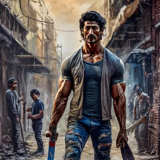 Prompt: oil painting of Vidyut Jammwal , dark hair, tall height, holding a short bladed knife in his hand in a Sci Fi setting. An old brick city 4K 8K.  Small girl hiding behind him. 