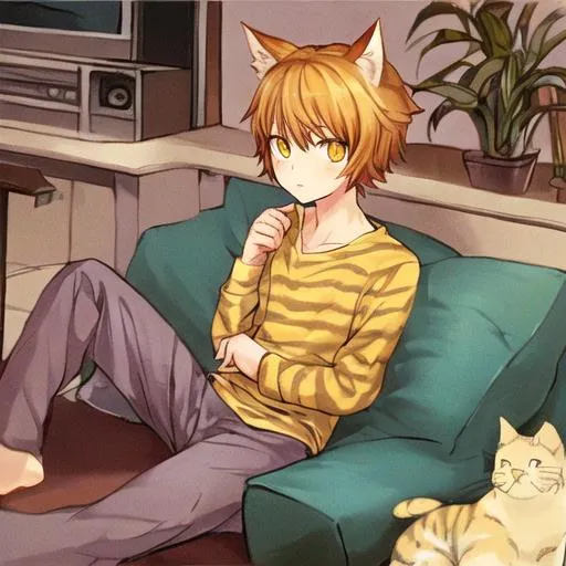 Prompt: Cat boy watching tv