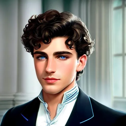Prompt: very handsome 21 year old man, dark, curly hair, crystal blue eyes, 1st class Titanic passenger, Stylish clothes for 1912, closeup, realistic, in color