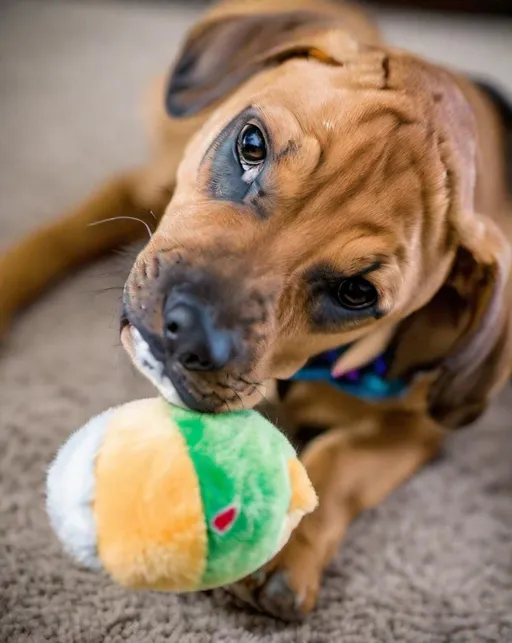 Prompt: Photo of a (Rhodesian ridgeback- beagle mix) puppy chewing on a stuffed parrot toy