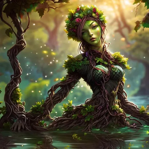 Prompt: Anime, Beautiful Treant woman, colorful flowers (green skin:1.3), brown straight vines, face made out of vines, flowers, waist deep in water, by wlop