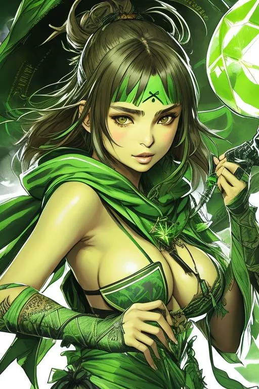 Prompt: (((Yoji Shinkawa))), sticker of an ultra-detailed portrait of Emily Ratajkowski as  fortuneteller (green skin) wearing (green hooded battle mage dress), high-quality cell-shaded illustration in post-apocalyptic style by Yoji Shinkawa, green skin, large crystal ball, dynamic pose, perfect anatomy, freedom, soul, approach to perfection, cell shading, 4k, cinematic, dramatic atmosphere, watercolor painting, global illumination, detailed and intricate environment, wartorn background, concept art, fluid and sharp focus, volumetric lighting, cinematic lighting, Art by Yoji Shinkawa,