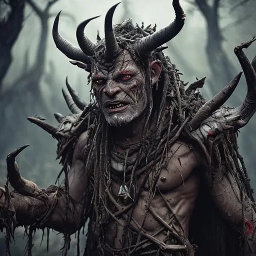 Prompt: Menin old King shaka's kraal with dark  colored skin, devil horns and batwings, grey hair and with scarred face, dark woods, perfect composition of futuristic high tech world and encountered African world, super detailed, 8k, high quality, sharp focus, Low angle shot, highly detailed, Loonaticbrands