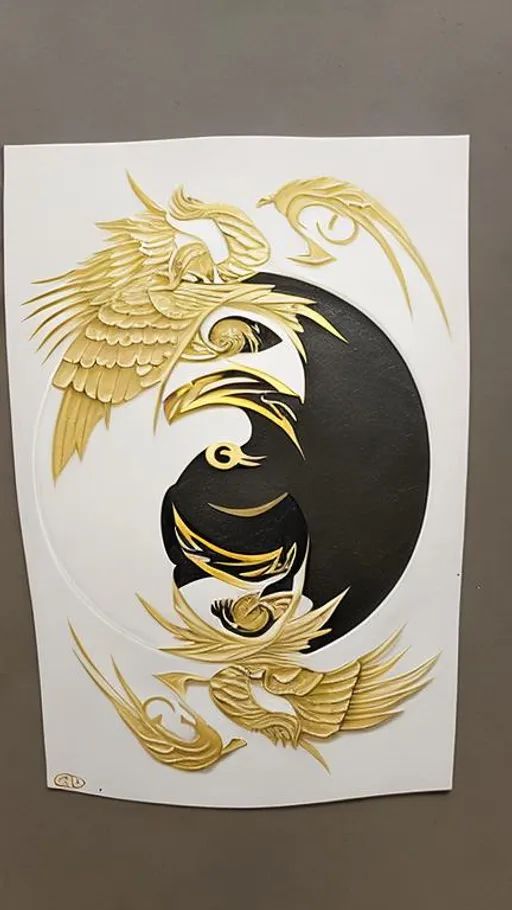 Prompt: Yin and Yang. Gold phoenix In the middle 