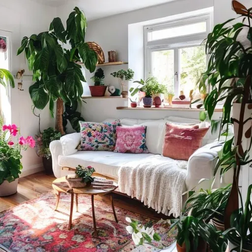 Prompt: cozy living room in white cottage with colorful potted flowers bright morning