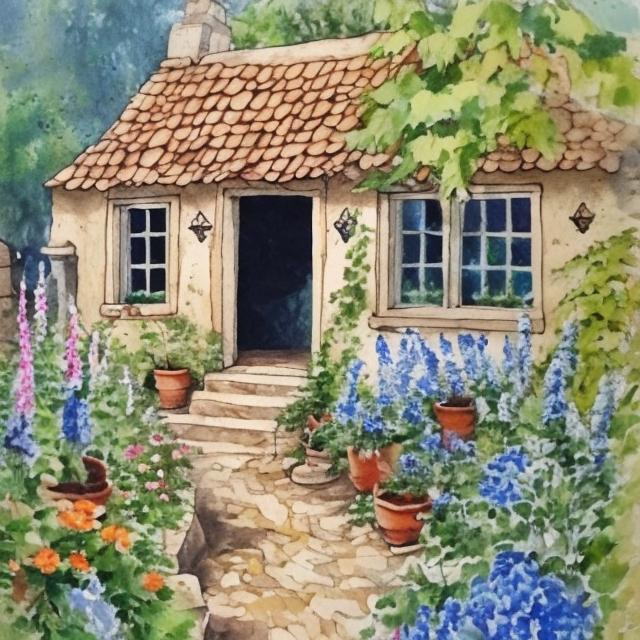Side view of a lovely white house with garden - watercolor by