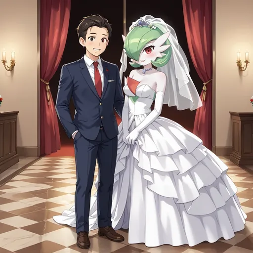 Prompt: Gardevoir smiling wearing a wedding dress next to her human male husband.